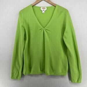 TALBOTS Sweater L Pure Cashmere Shirred V-Neck Pullover Jumper Green